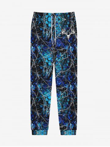 Gothic Tree Branch Colorblock Elk Print Christmas Drawstring Pocket Sweatpants For Men - BLUE - 3XL