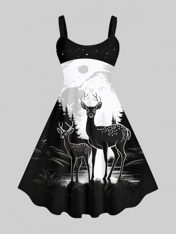 Plus Size Christmas Elk Moon Star Print Tank Dress