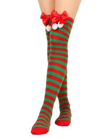 Fashion Christmas Bowknot Fluffy Ball Striped Printed Over The Knee Socks - GREEN