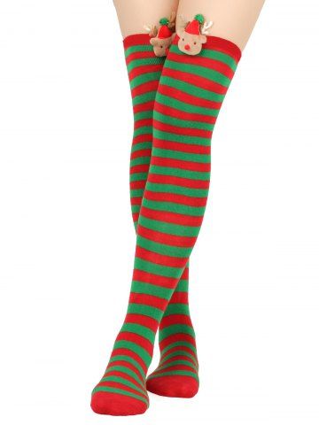 Christmas Bear Red Green Striped Over The Knee Socks - MULTI-A