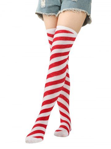 Christmas Fashion Diagonal Striped Printed Over The Knee Socks - RED