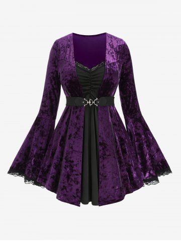 Plus Size Lace Trim Bell Sleeves Ruched Belt Velvet T-shirt