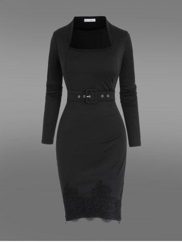 Robe Moulante Gothique Applique Ceinturée Bouclée en Couleur Unie à Manches Longues à Œillet - BLACK - S | US 8