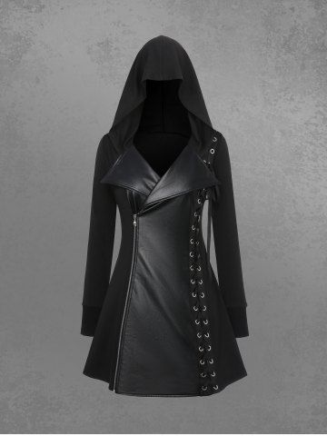 Gothic PU Panel Turn-down Collar Grommet Lace Up Braided Side Zip Hooded Coat - BLACK - S | US 8