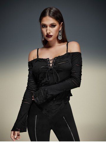 Gothic Lace Up Ripped Off The Shoulder Asymmetric Cami T-shirt
