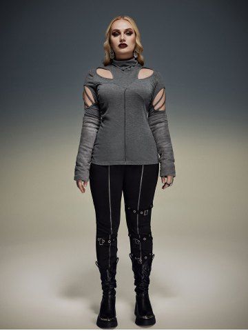 Gothic Hollow Out Cowl Neck Patchwork Long Sleeves T-shirt - DARK GRAY - S | US 8