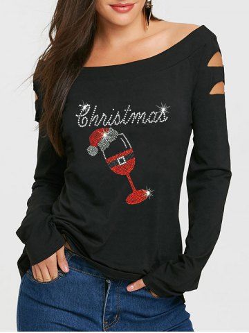 Off The Shoulder Cut Out Long Sleeve Christmas Top - BLACK - XXL | US 14