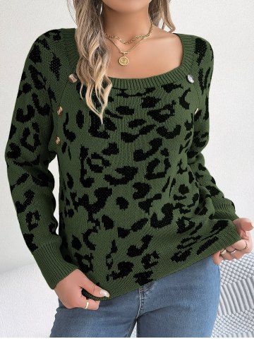 Leopard Graphic Mock Button Raglan Sleeve Casual Sweater - DEEP GREEN - S | US 4