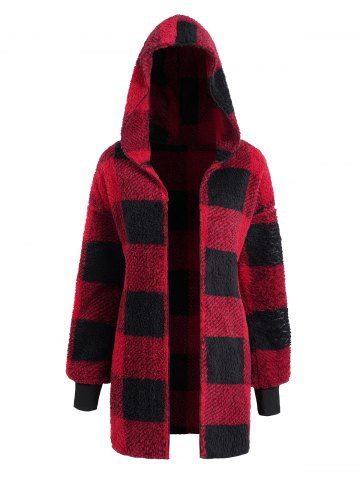 Fluffy Plaid Pattern Open Front Hooded Coat - RED - XL | US 10