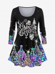 T-shirt Père Noël Sapin de Noël et Flocon de Neige Imprimés de Grande Taille à Paillettes - Multi-A S