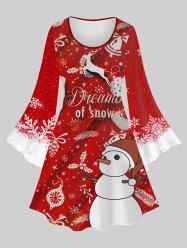Robe de Noël Ligne A Ombre Flocon de Neige et Cloche Imprimés de Grande Taille - Rouge 4X
