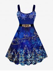 Robe Brillante Bouclée 3D Sapin de Noël et Flocon de Neige Imprimés de Grande Taille - Bleu profond 6X
