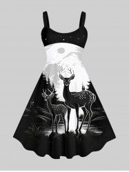 Plus Size Christmas Elk Moon Star Print Tank Dress -  