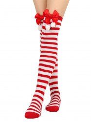 Chaussettes de Noël Longueur à Genou Rayées avec Nœud Papillon - Rouge 