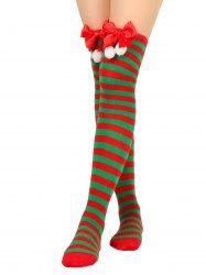 Fashion Christmas Bowknot Fluffy Ball Striped Printed Over The Knee Socks -  