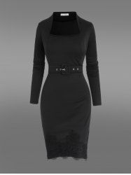 Gothic Applique Solid Buckle Grommet Belted Long Sleeves Bodycon Dress -  