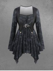 Gothic PU Panel Buckle Grommet Ruched Frilled Tie Dye Handkerchief Long Sleeves 2 in 1 T-shirt -  