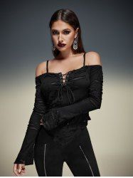 Gothic Lace Up Ripped Off The Shoulder Asymmetric Cami T-shirt -  