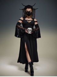 Gothic Flower Rose Lace Bell Sleeves Cold Shoulder Stripe Panel Ruched A Line Dress -  