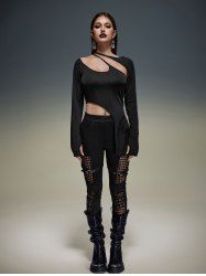 Gothic Cutout Panel Thumbhole Asymmetric Solid T-shirt -  