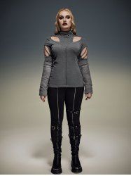 Gothic Hollow Out Cowl Neck Patchwork Long Sleeves T-shirt -  