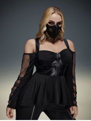 Gothic PU Panel Ruched Zipper Fishnet Off The Shoulder High Low T-shirt -  