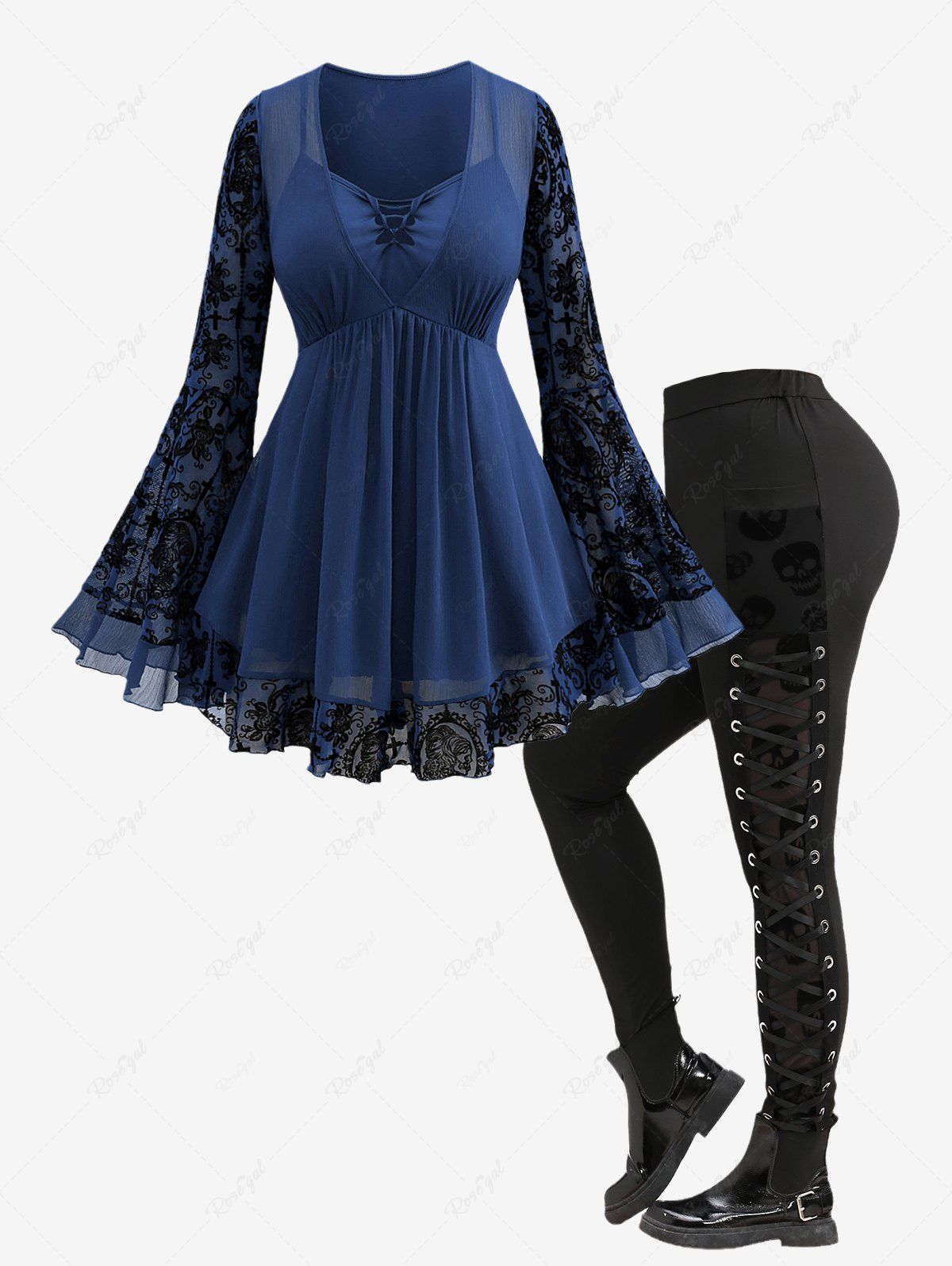 Trendy Plus Size Braided Panel Ruched Floral Lace Bell Sleeves T-shirt and Skull Grommets Lace Up Leggings Outfit  