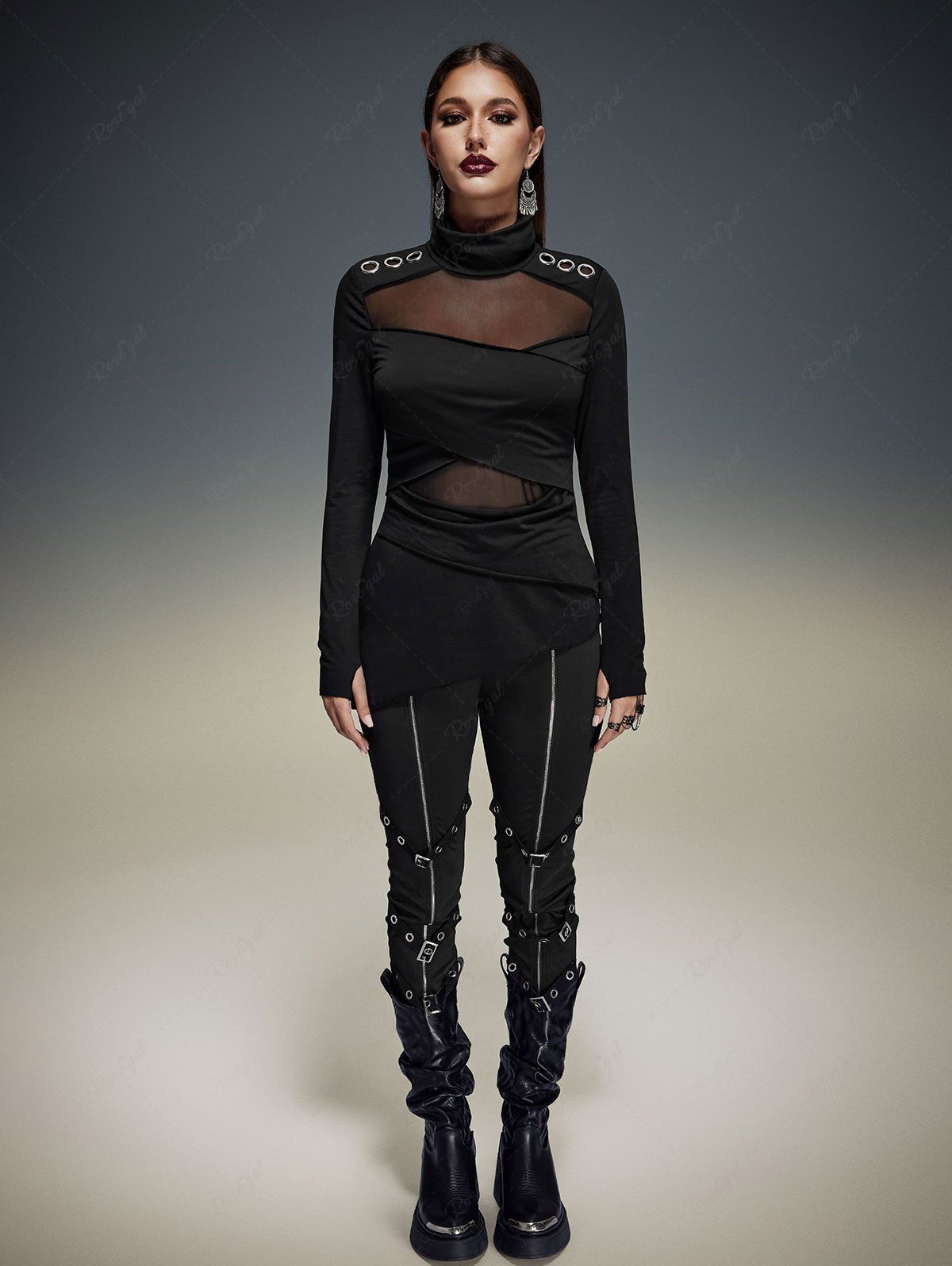 Store Gothic Mesh Panel Surplice High Neck Asymmetrical T-shirt  