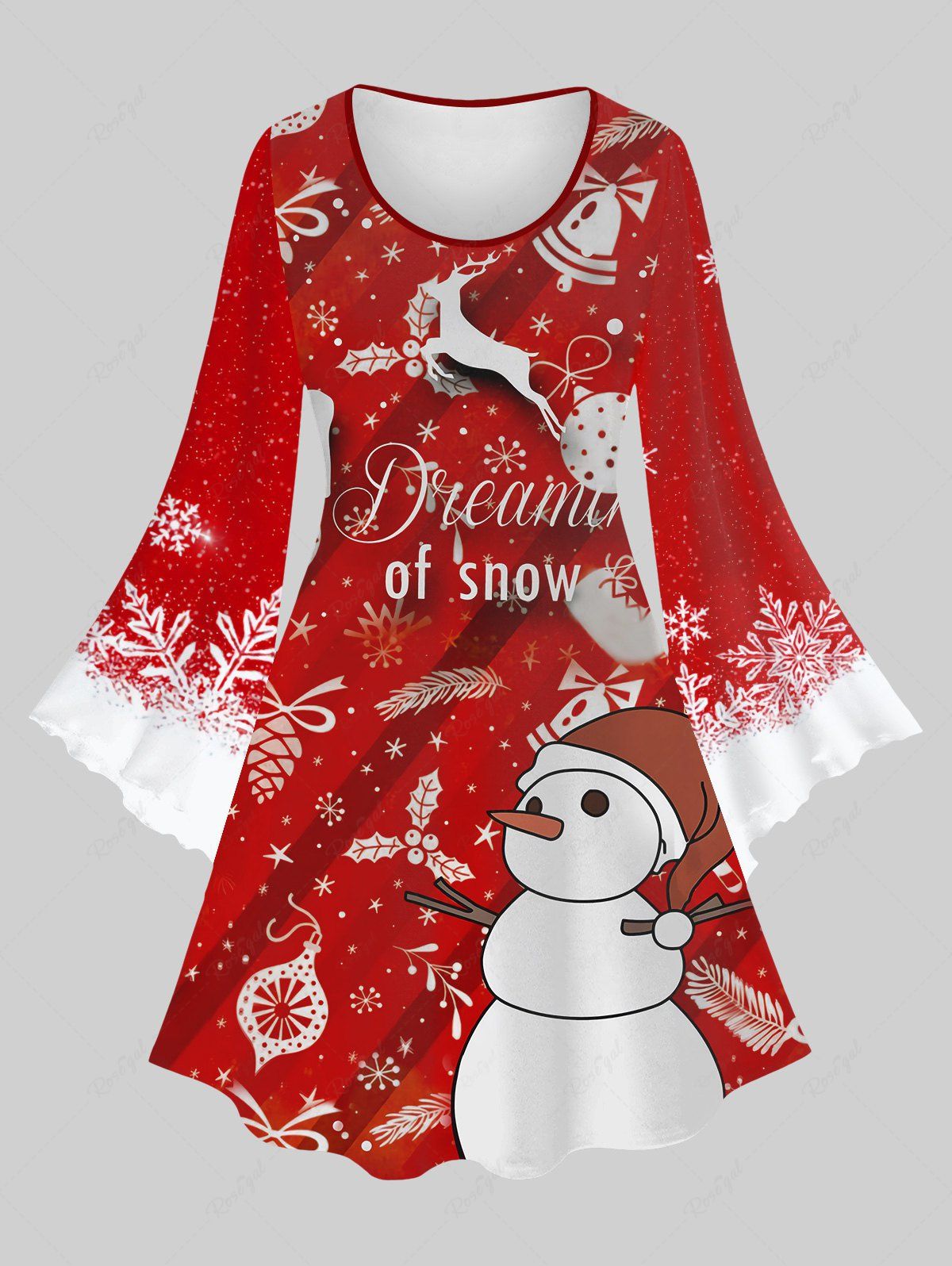 Robe de Noël Ligne A Ombre Flocon de Neige et Cloche Imprimés de Grande Taille Rouge 4X