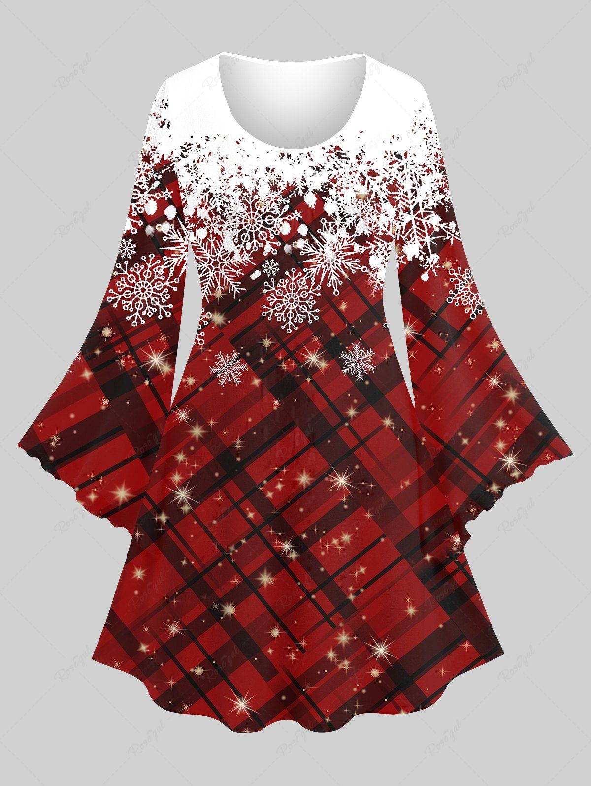 Chic Plus Size Christmas Snowflake Plaid Colorblock Glitter 3D Printed Flare Sleeve Dress  