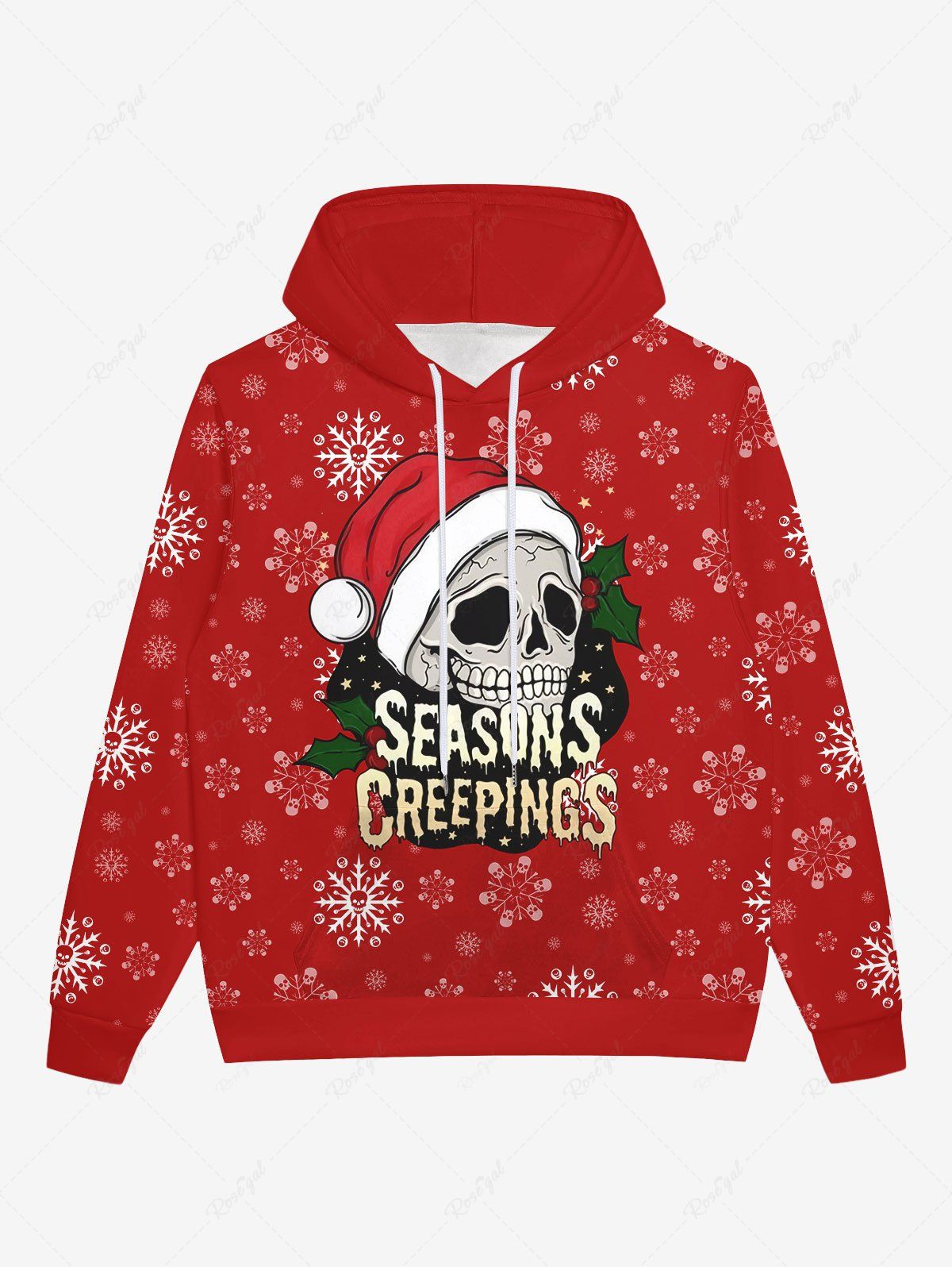 Shops Gothic Christmas Hat Snowflake Skull Letters Print Pocket Fleece Lining Pullover Hoodie For Men  