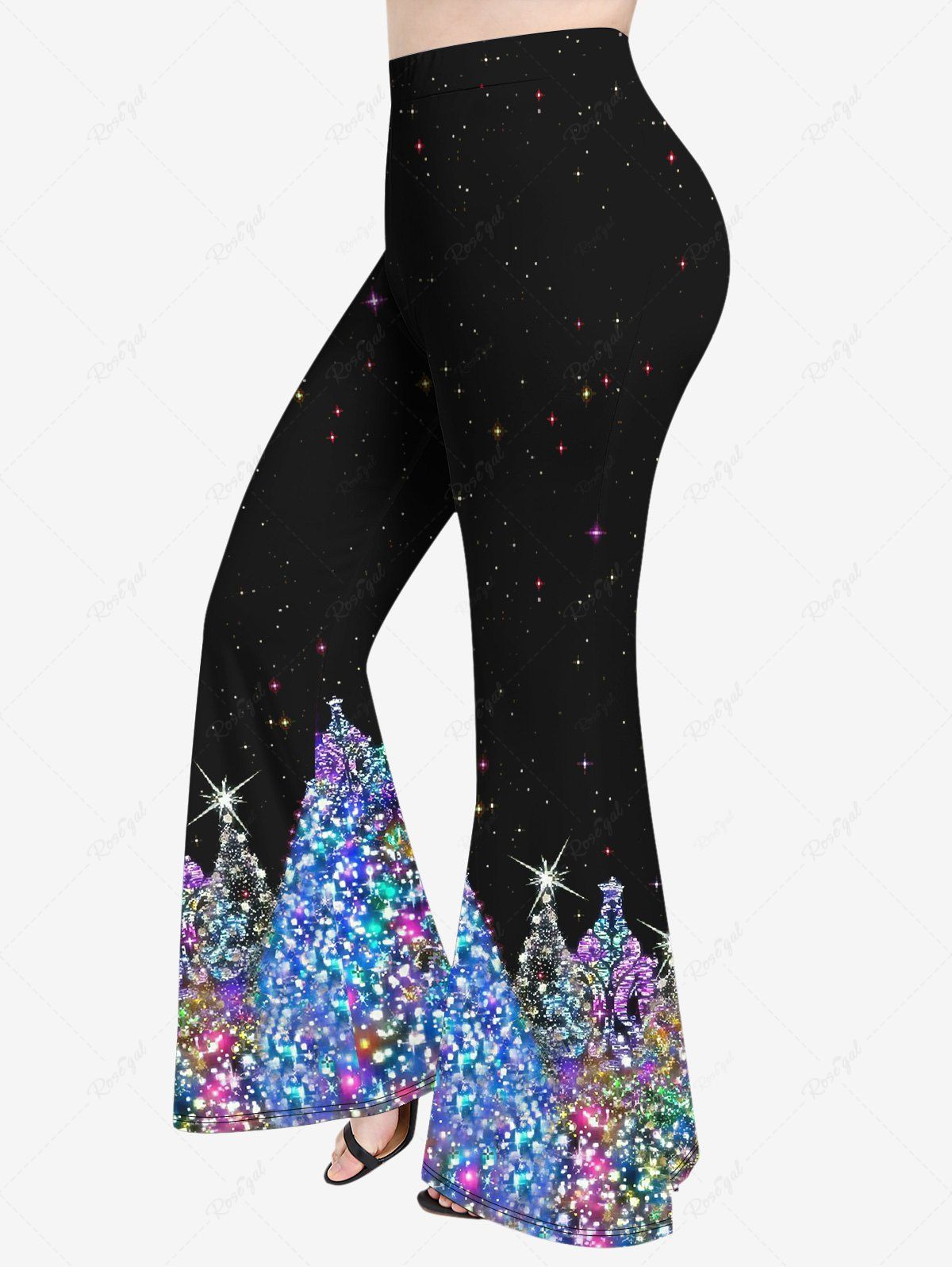 Pantalon Évasé Imprimé Arbre de Noël et Galaxie à Paillettes 3D Grande Taille Multi-A 6X