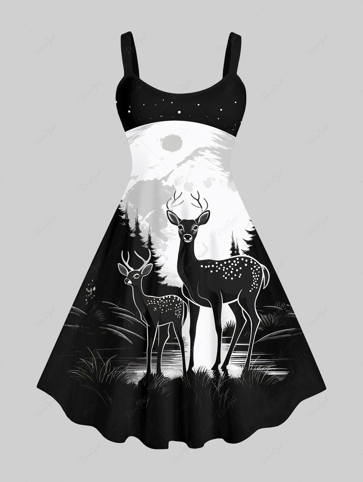 Robe Etoile Lune et Cerf de Noël Imprimés de Grande Taille Noir 6X