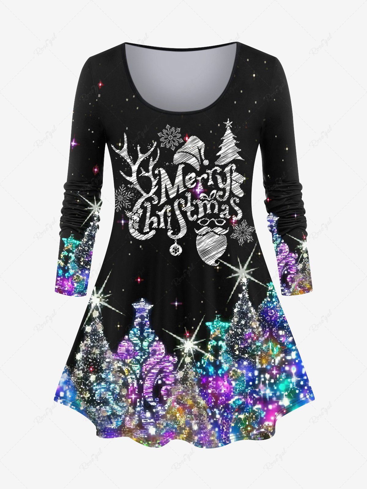 Chic Plus Size Christmas Hat Tree Santa Claus Snowflake Sequins Glitter 3D Print T-shirt  
