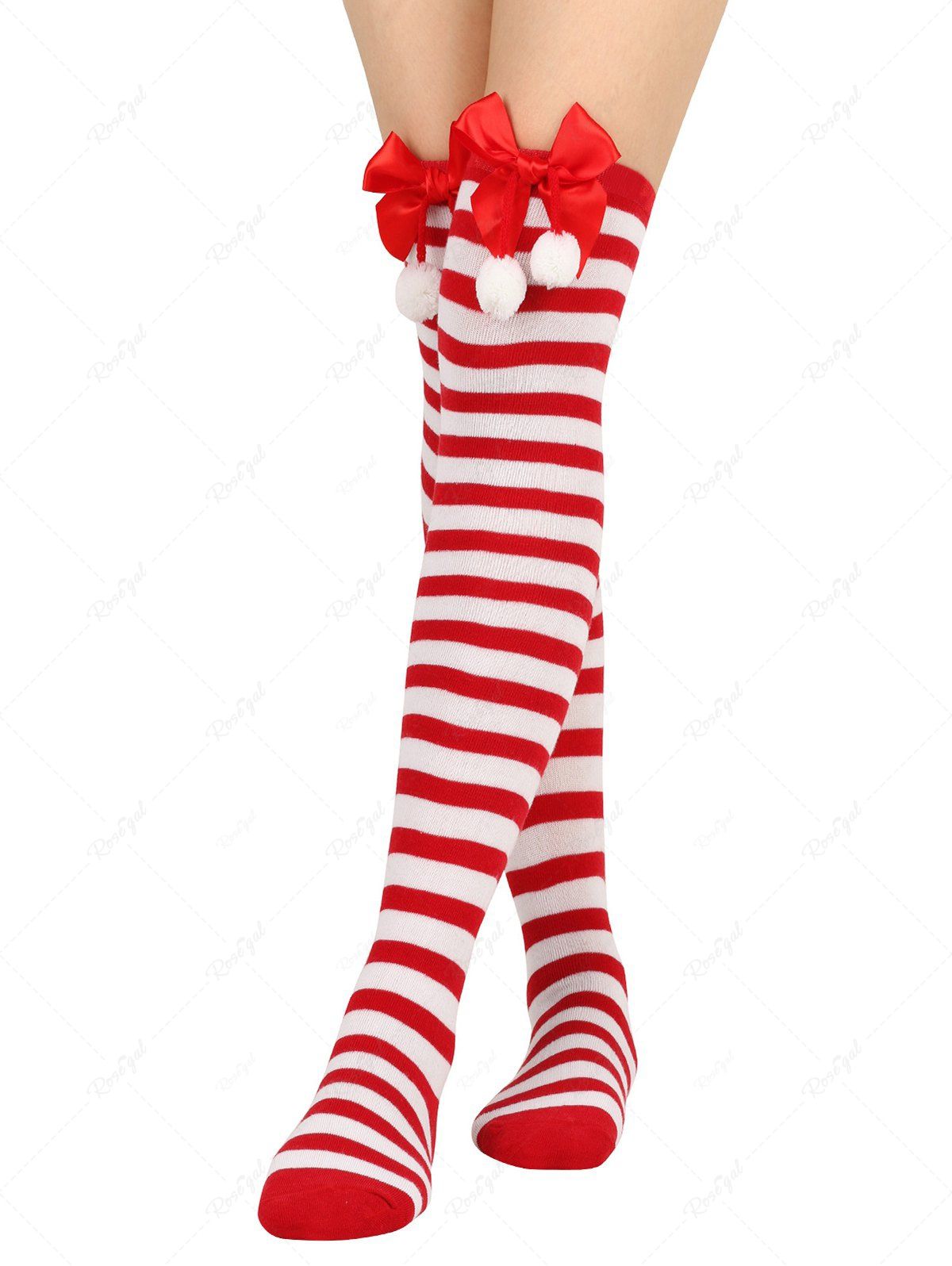 Chaussettes de Noël Longueur à Genou Rayées avec Nœud Papillon Rouge 