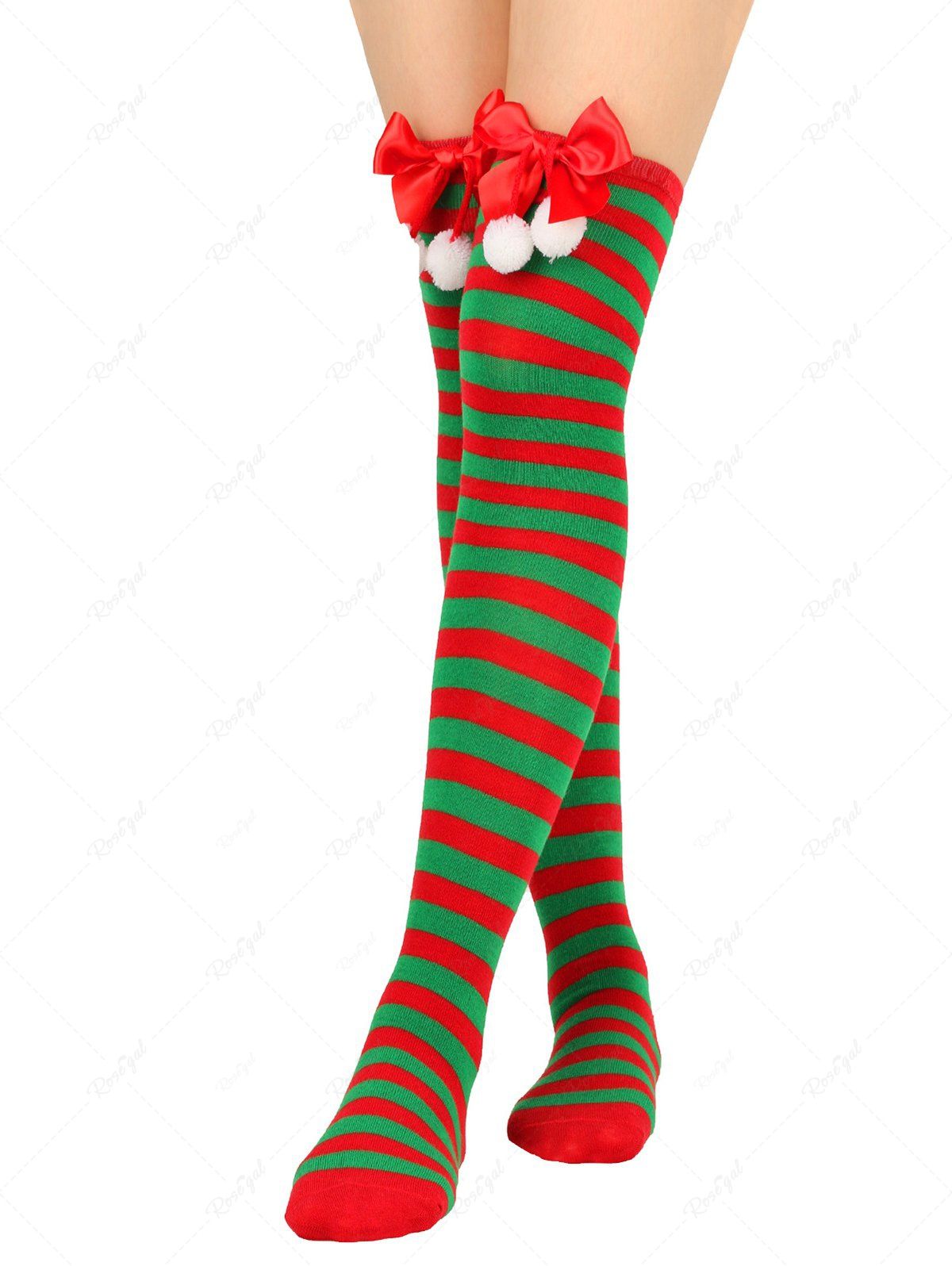 Cheap Fashion Christmas Bowknot Fluffy Ball Striped Printed Over The Knee Socks  