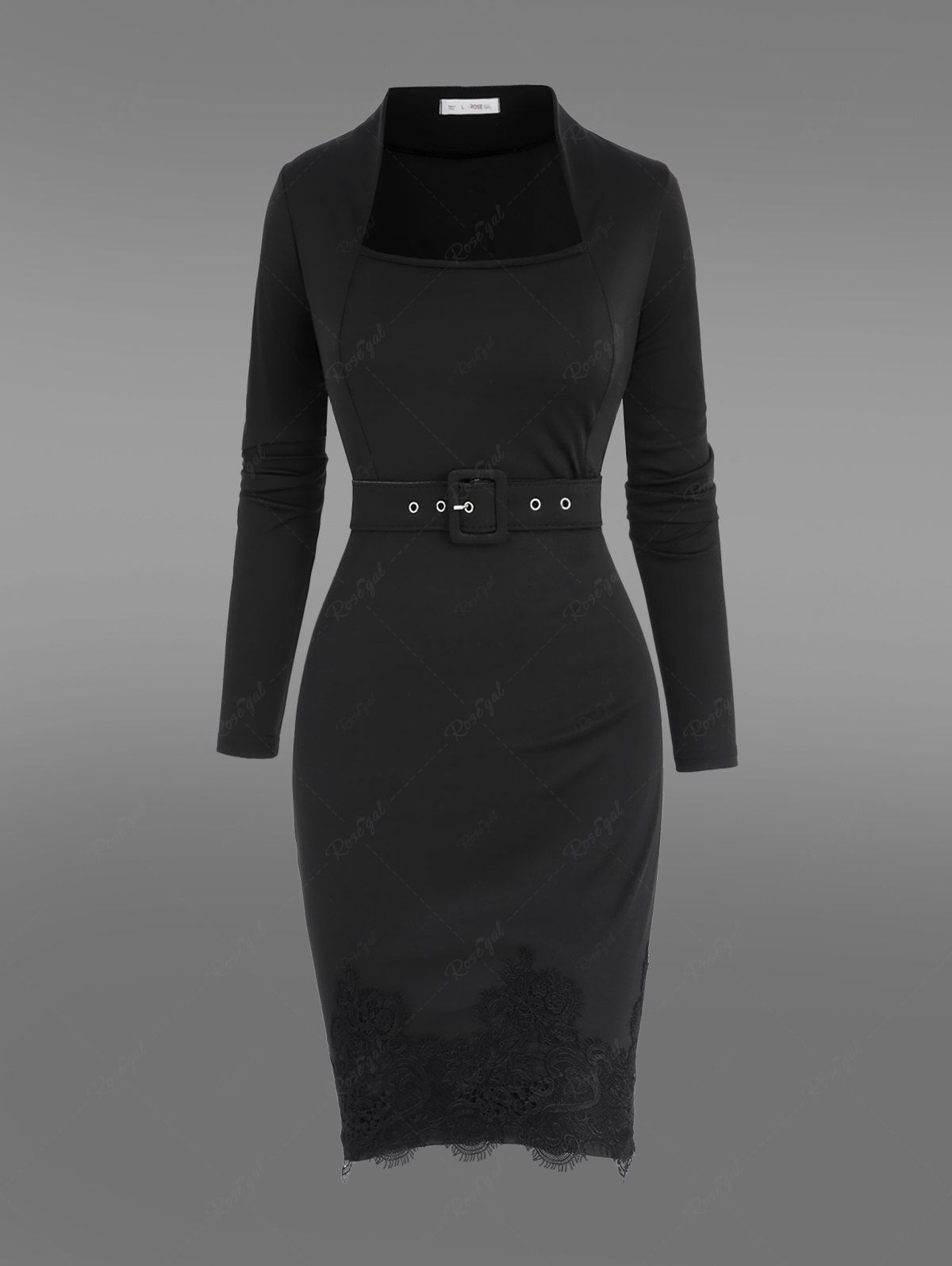 Outfit Gothic Applique Solid Buckle Grommet Belted Long Sleeves Bodycon Dress  