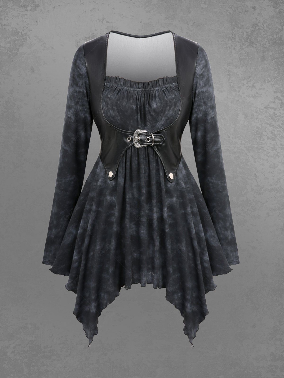 Outfit Gothic PU Panel Buckle Grommet Ruched Frilled Tie Dye Handkerchief Long Sleeves 2 in 1 T-shirt  