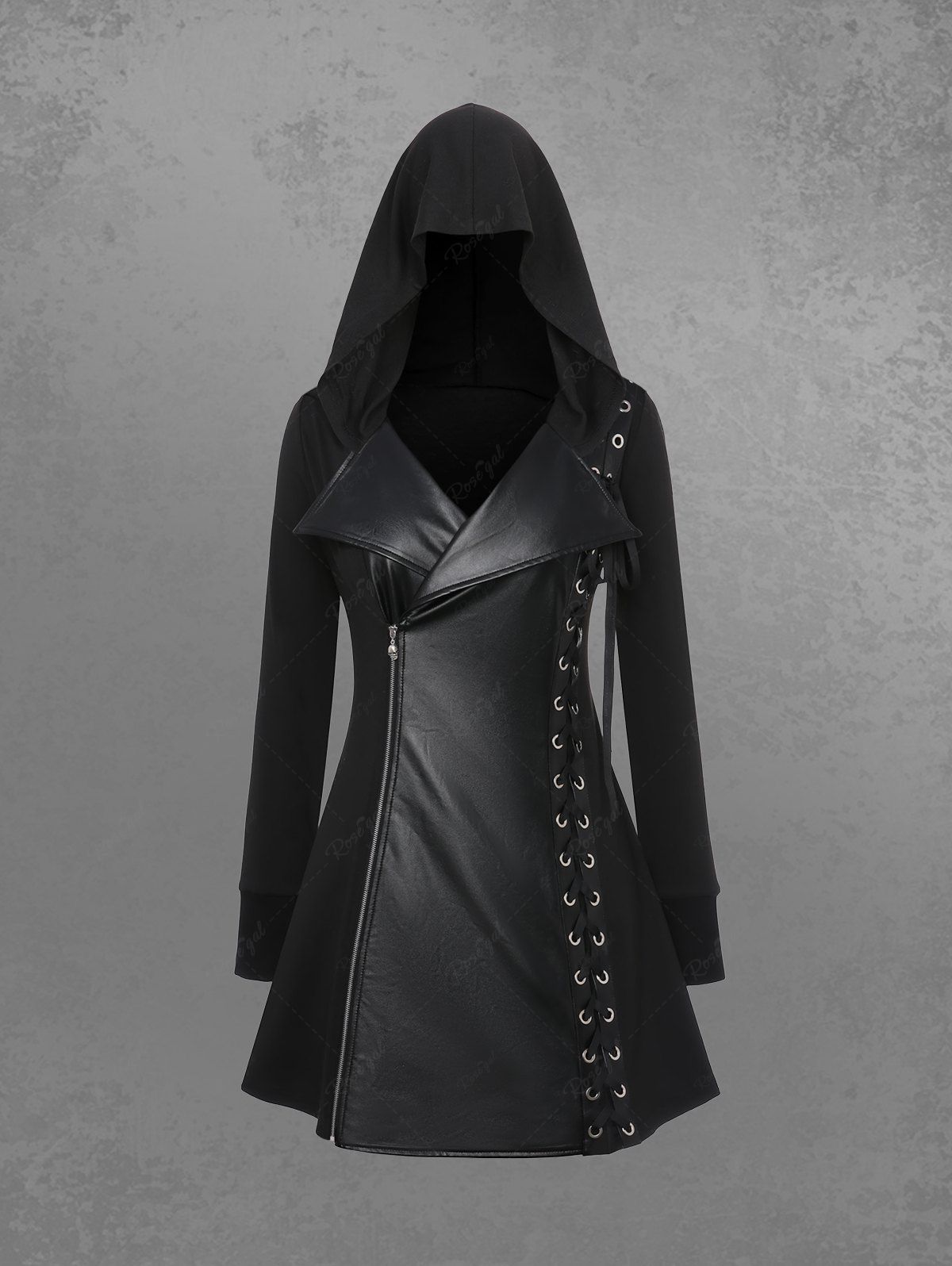 Hot Gothic PU Panel Turn-down Collar Grommet Lace Up Braided Side Zip Hooded Coat  