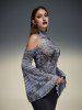 Gothic Newspaper Letters Print Mesh Cold Shoulder Flare Sleeves Cropped T-shirt -  