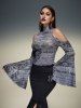 Gothic Newspaper Letters Print Mesh Cold Shoulder Flare Sleeves Cropped T-shirt -  
