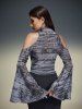 Gothic Newspaper Letters Print Mesh Cold Shoulder Flare Sleeves Cropped T-shirt -  