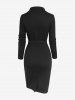 Gothic Applique Solid Buckle Grommet Belted Long Sleeves Bodycon Dress -  