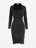 Gothic Applique Solid Buckle Grommet Belted Long Sleeves Bodycon Dress -  