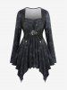Gothic PU Panel Buckle Grommet Ruched Frilled Tie Dye Handkerchief Long Sleeves 2 in 1 T-shirt -  