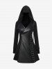 Gothic PU Panel Turn-down Collar Grommet Lace Up Braided Side Zip Hooded Coat -  
