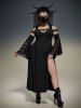 Gothic Flower Rose Lace Bell Sleeves Cold Shoulder Stripe Panel Ruched A Line Dress -  