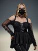 Gothic PU Panel Ruched Zipper Fishnet Off The Shoulder High Low T-shirt -  