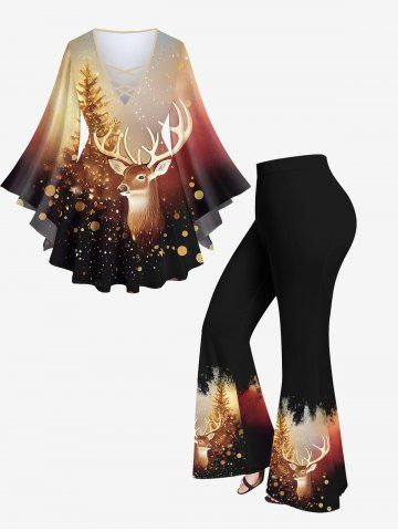Glitter Sparkling Christmas Tree Elk Sequins Ombre Galaxy Printed Crisscross T-shirt and Flare Pants Plus Size Matching Set - COFFEE