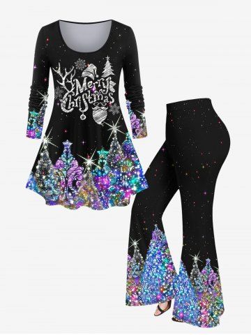 Plus Size Christmas Hat Tree Santa Claus Snowflake Sequins Glitter 3D Printed T-shirt and Flare Pants Outfit